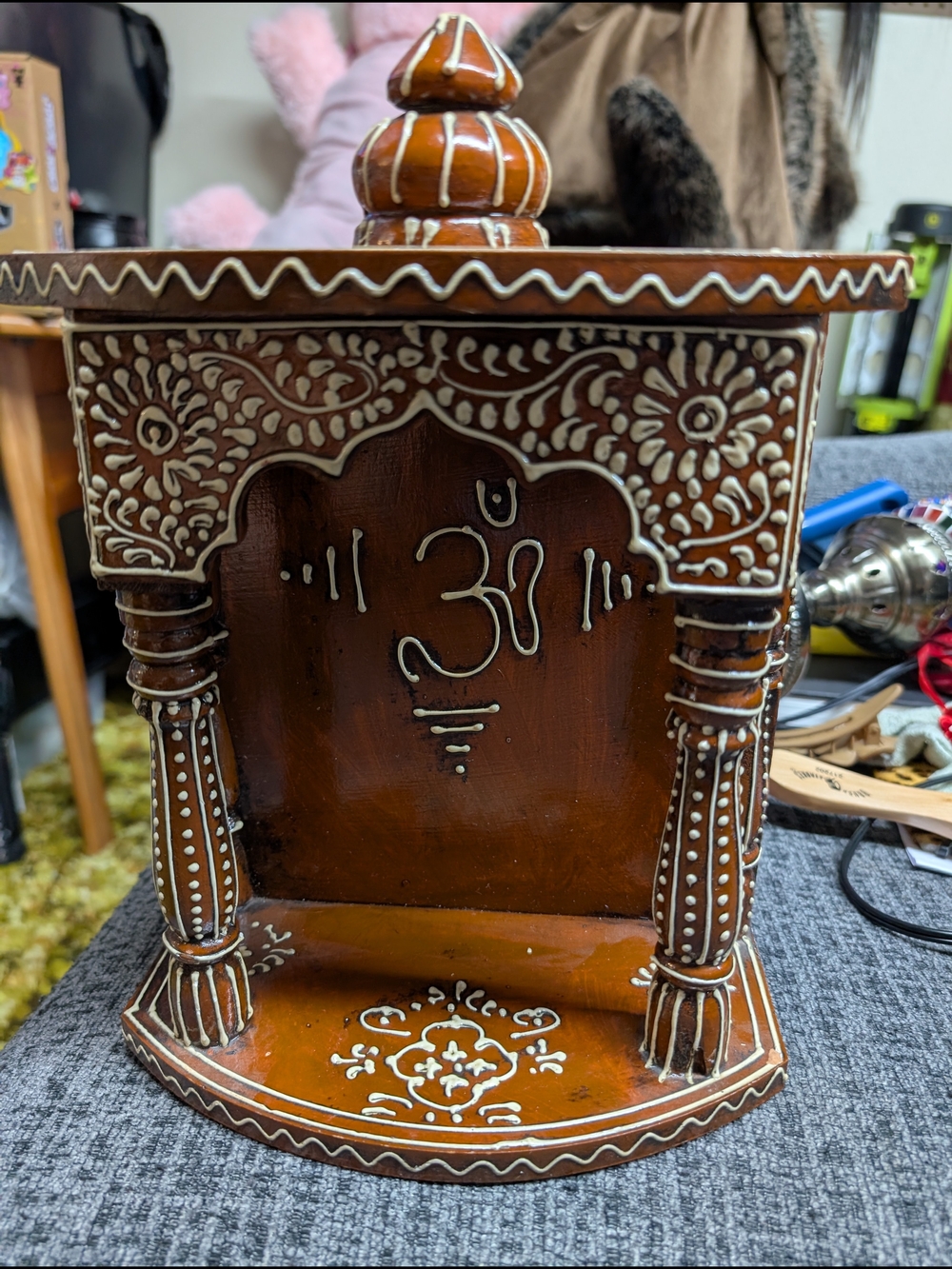 Handcrafted Brown Wooden Wall Shrine Shelf with White Detailing